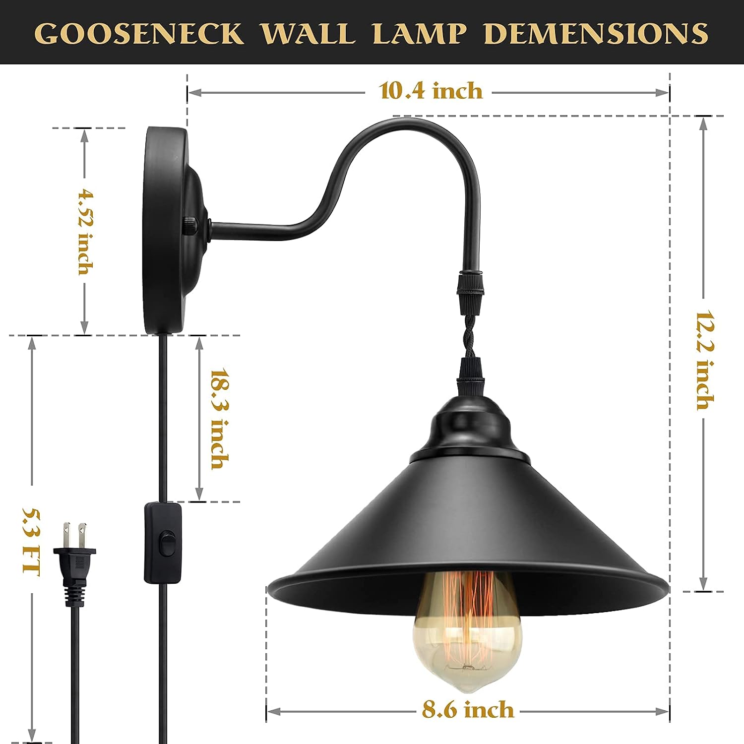 Plug in Wall Sconces, Vintage Plug in Wall Lamp Set of 2 with On/Off Switch, Metal Black Industrial Wall Mounted Light