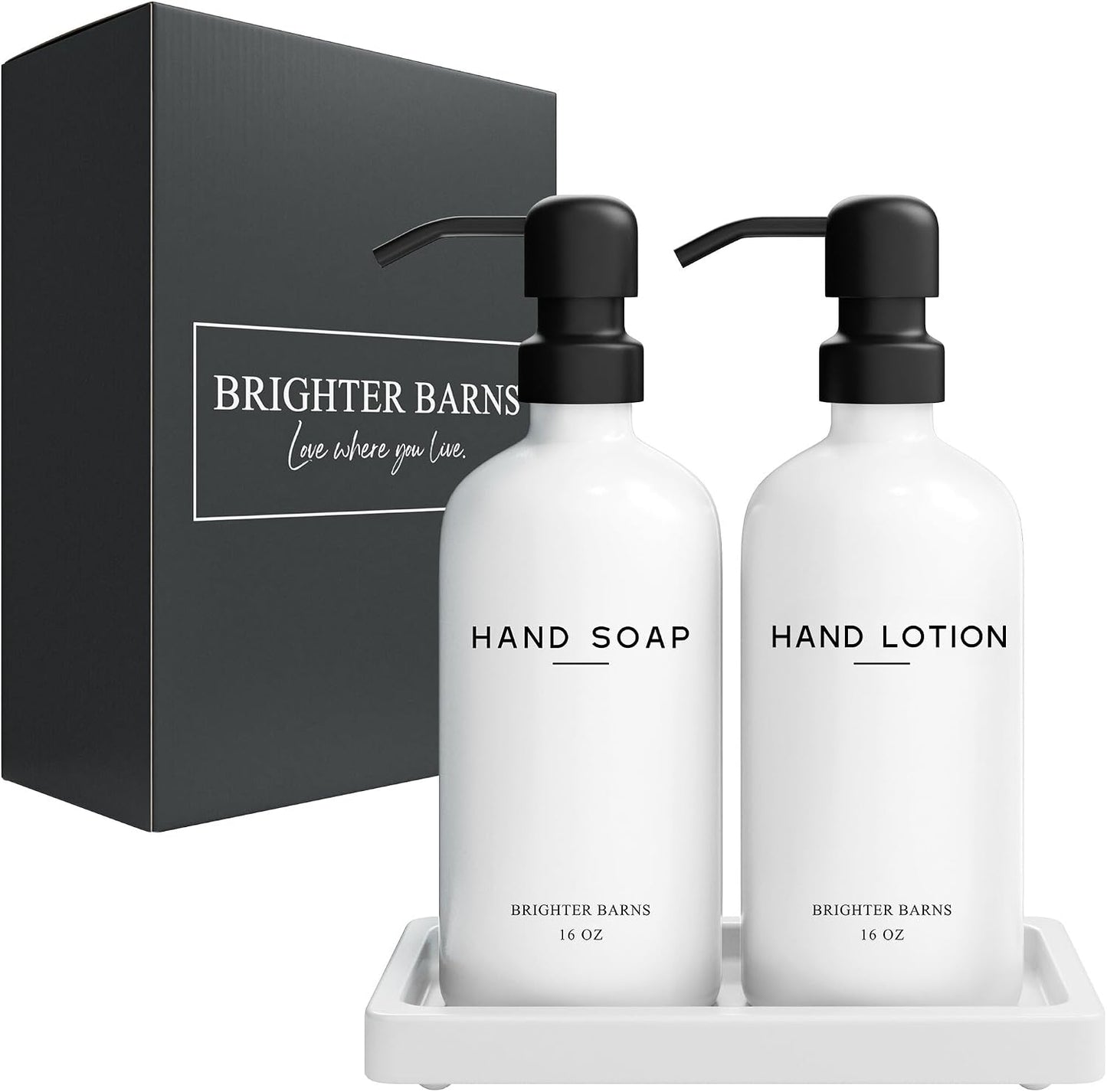 White Glass Soap and Lotion Dispenser Set with Tray by Brighter Barns - Hand Soap Dispenser Bathroom Set & Stainless