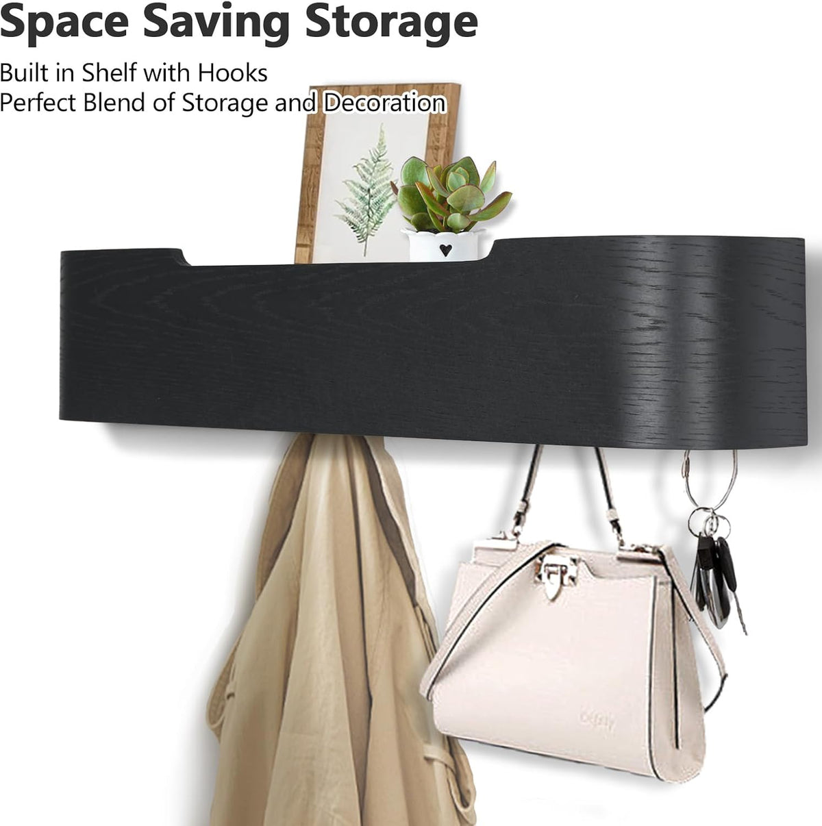 Coat Rack Wall Mount with Shelf 5 Hidden Hooks Modern Wooden Key Holder Entryway Organizer for Hallway Bedroom Bathroom