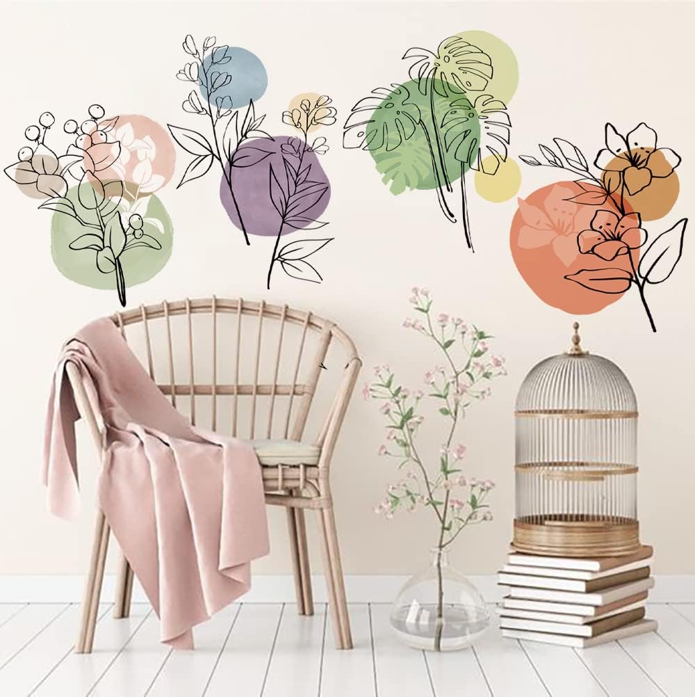 Boho Modern Abstract Wall Art Decals Simple Plant Flower Color Wall Stickers Living Room Nursery
