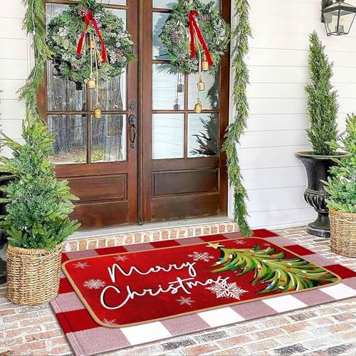 Tinideya 2 Pcs Christmas Door Mat Outdoor Whimsical Xmas Tree Front Doormat Nonslip Red and White Buffalo Plaid Layered Linen Rubber Xmas Rugs Merry Christmas Decor for Front Porch Entryway Outside