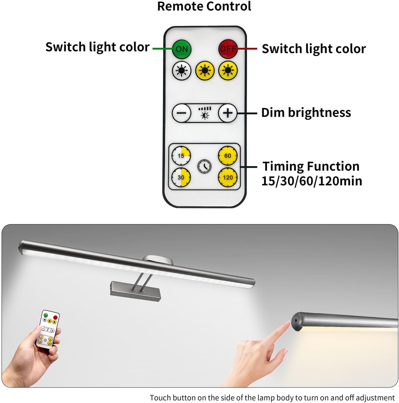 MQOUO 24.4" Wireless Picture Lights, Rechargeable Battery Art Display Light with Remote Control, Dimmable/Timer Off