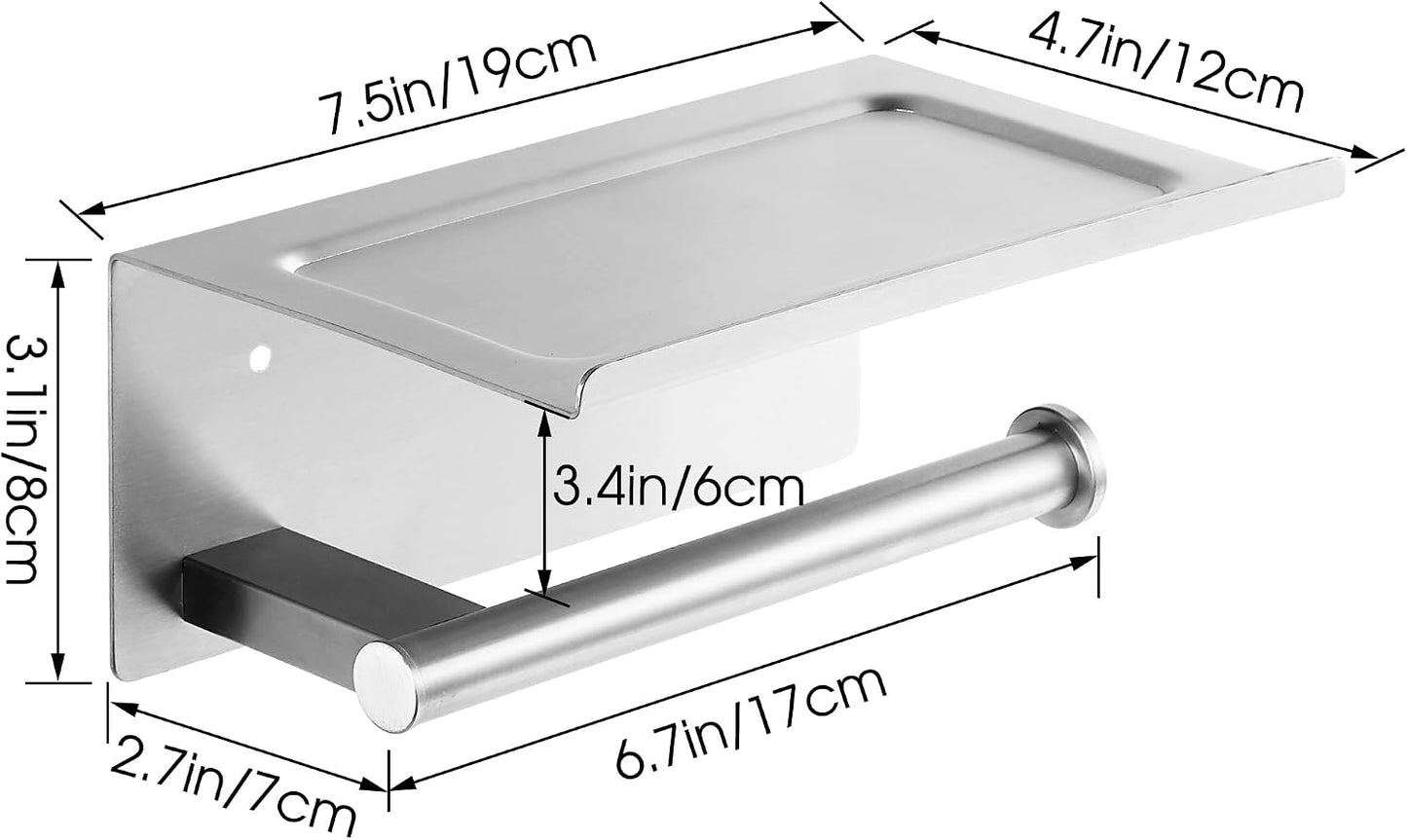 Toilet Paper Holder with Shelf, Wall Mounted Adhesive Holder for Bathroom, Tissue Roll Holder with Phone Storage Shelf