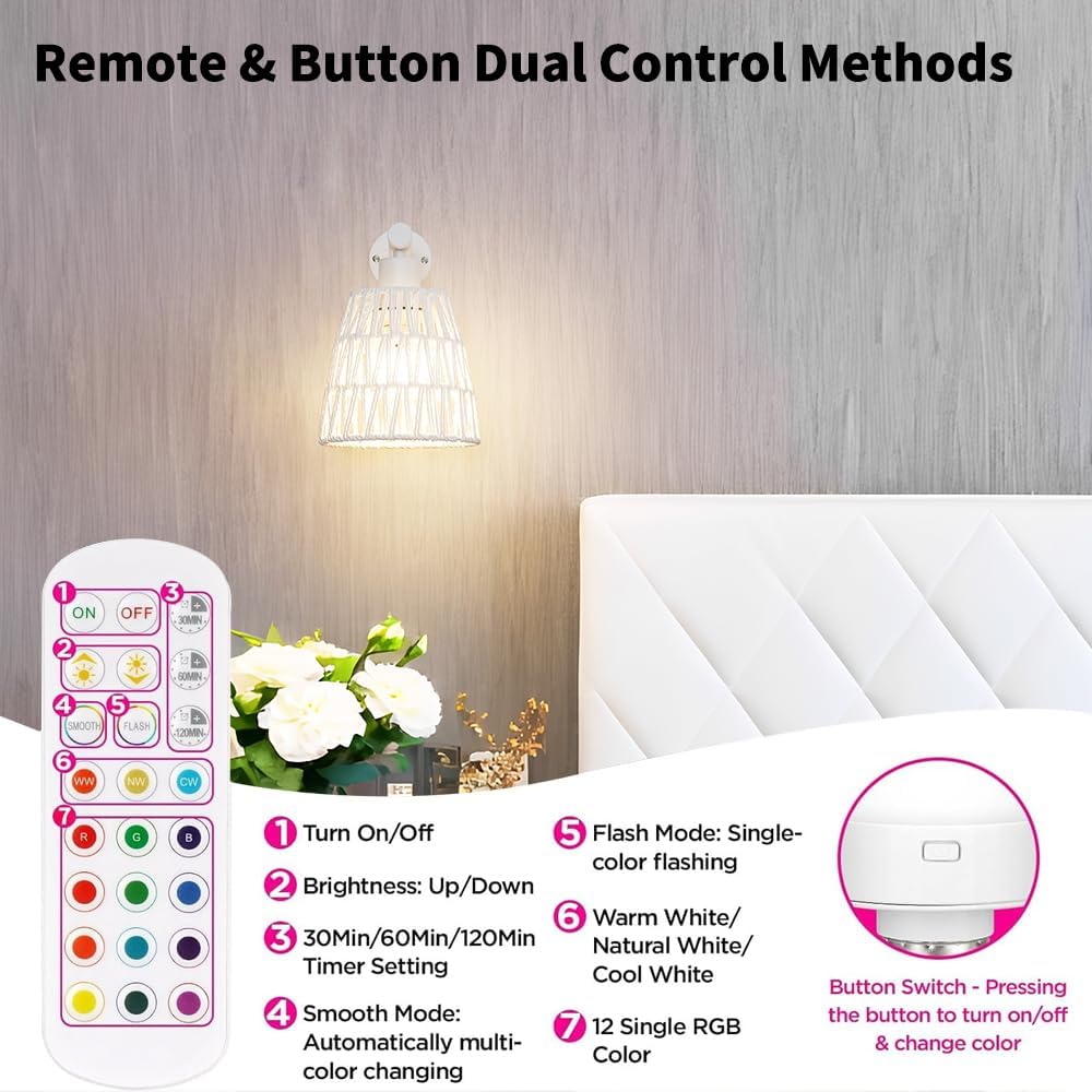 White Battery Operated Wall Sconce Set of 2, Boho Rattan Rechargeable Wall Lights with Dimmable Bulbs and Remote,15