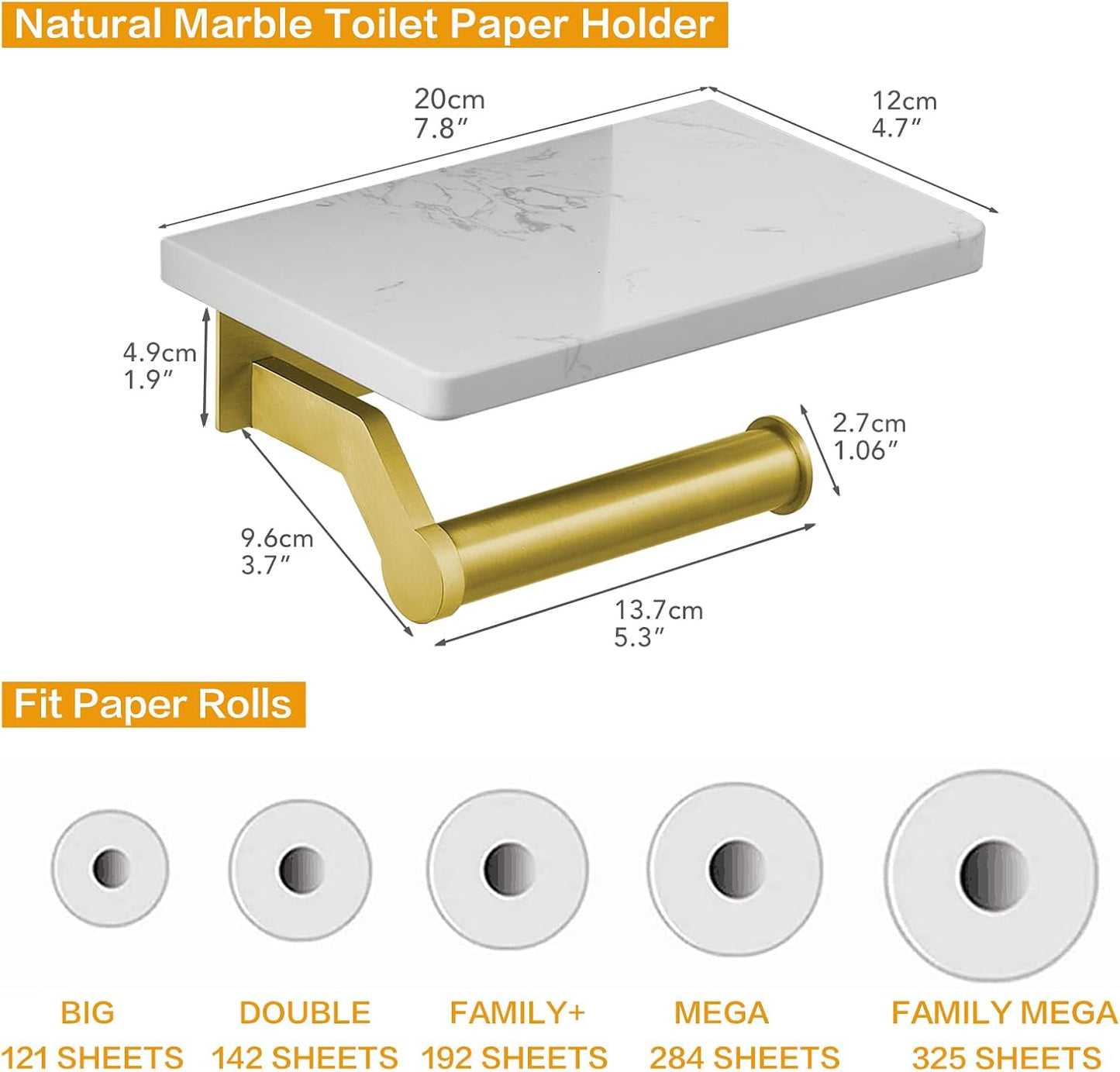 Hoimpro Toilet Paper Holder with Marble Shelf, Wall Mount Brushed Gold | White Natural Marble Phone Shelf Commercial