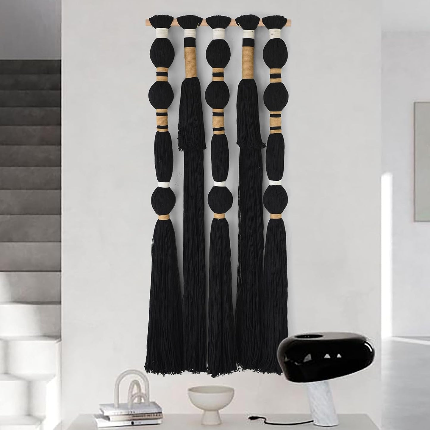 Macrame Wall Hanging Sphericity Cotton Tassels Textile Hanging Geometric Yarn Wall / Black1 / Black