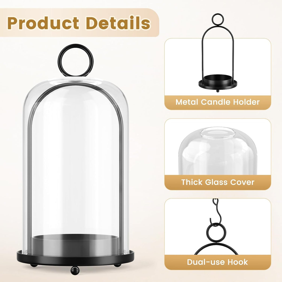 Metal Candle Holder, 5"&4" Wide Hurricane Glass Candle Holders with Handmade Glass Dome, Hanging Candle Lantern for