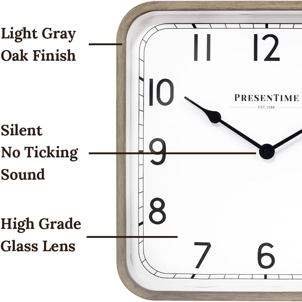 16" Anton Modern Farmhouse Square Clock | Silent No Ticking, Wall Art and Timepiece for Home Decoration/Wall Décor