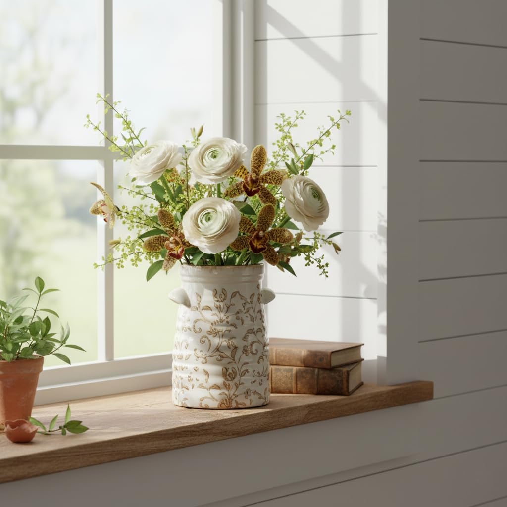 Ceramic Rustic Vase / Gs17323l-brown Floral / 7.6 Inch