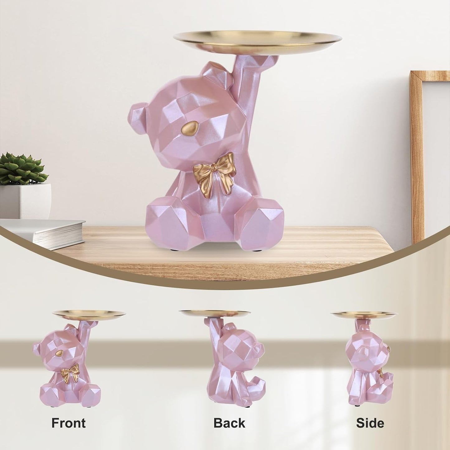 2025 New Geometric Bear Storage Tray Resin Lovely Nordic Bear Sculptures Keys / Shiny Style-pink