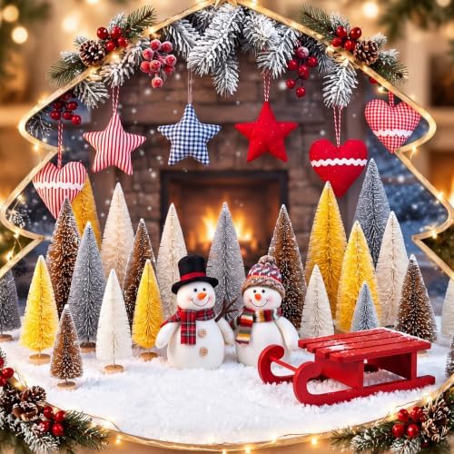 Vinsot 20 Pcs Bottle Brush Christmas Trees Miniature Tree, White,Gold