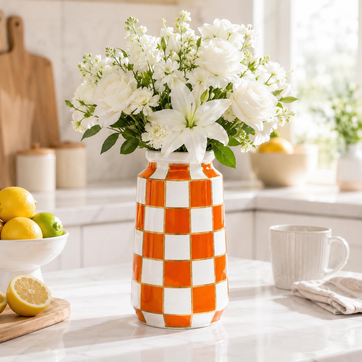 Black and White Ceramic Vase / Orange