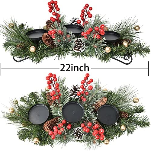 Lvydec Christmas Candle Holder Centerpiece - Pine Cones and Red Berry Table Centerpiece with 3 Candle Holders for Festival Table Home Decoration