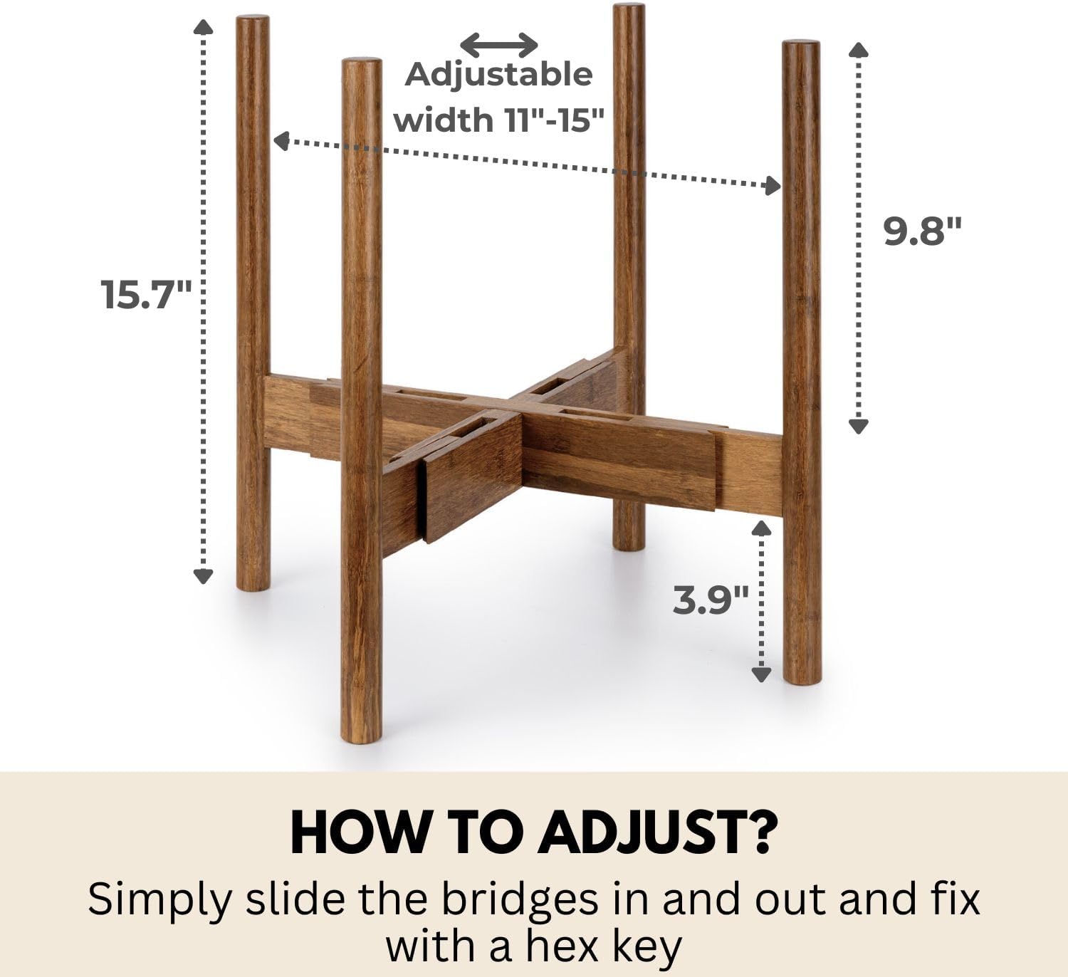 Fox & Fern Large Adjustable Plant Stand Indoor, Bamboo Stand, 11 - 15 Inch | Plug In Design, Holds 200 lbs, Two
