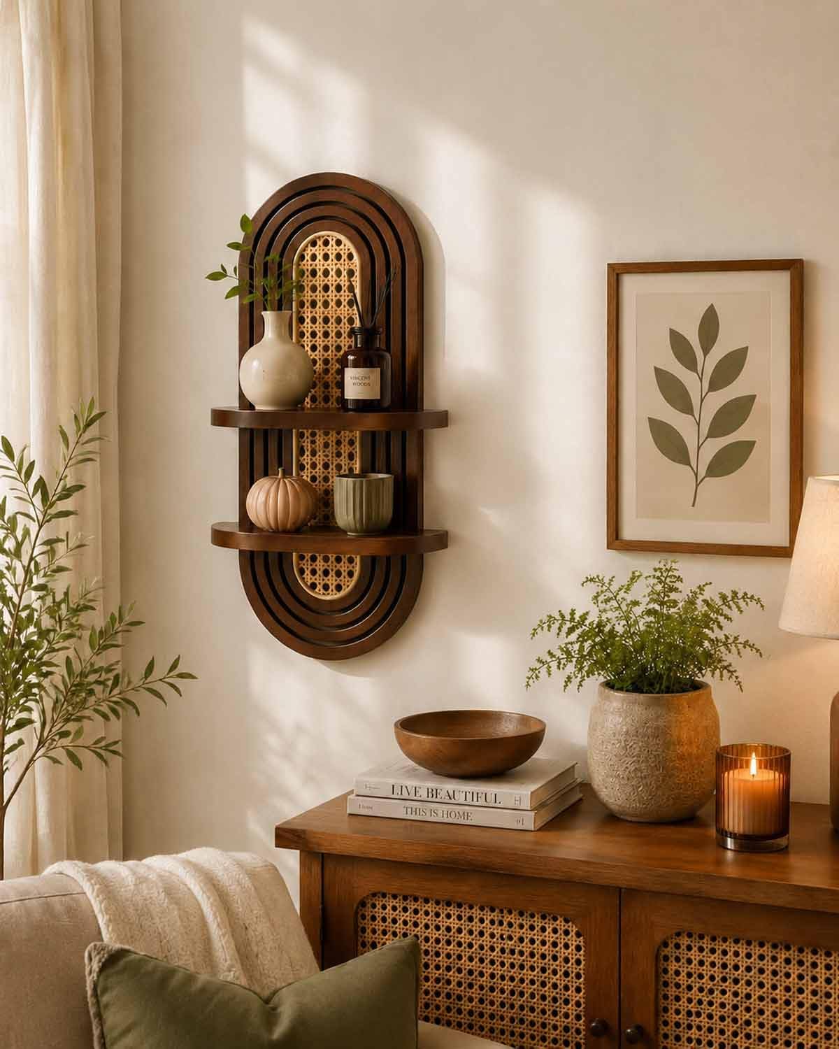 2-Tier Woven Rattan Floating Shelves / Walnut