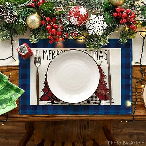Artoid Mode Blue Waterclor Buffalo Plaid Christmas Trees Placemats Set of 6, 12x18 Inch Winter Table Mats for Outdoor Home Party Kitchen Dining Decor