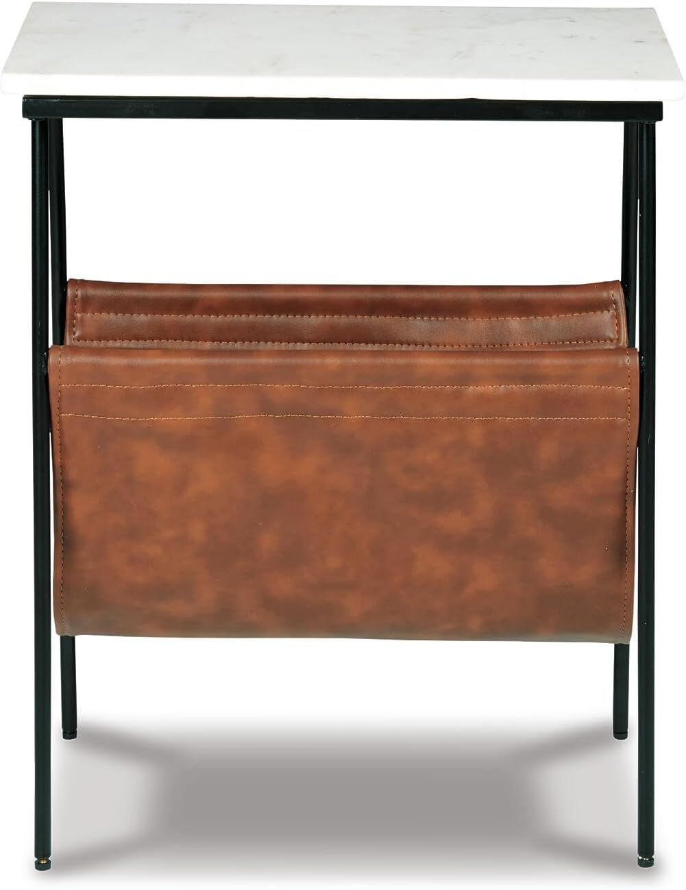Signature Design by Ashley Marble End Table with Magazine Holder, Etanbury | Genuine white marble top, Brown faux