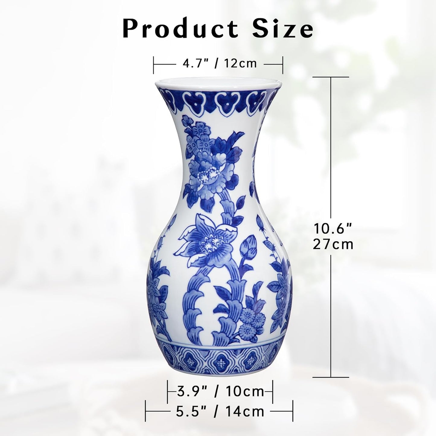 White Ceramic Vase / # Simple Floral Texture / Blue / 11 Inch