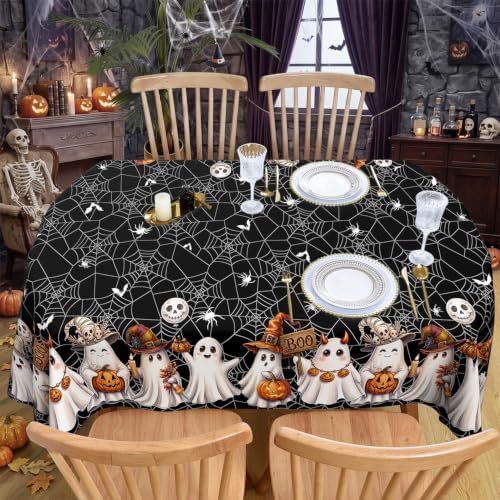 Black Halloween Tablecloth Oval 60 x 102 Inch, Washable Fabric Spider Web Ghost Table Cloth Oval Halloween Tablecloth Table Cover for Kitchen Dining Party