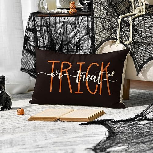 AVOIN colorlife Happy Halloween Cute Ghost Trick or Treat Throw Pillow Covers, 12 x 20 Inch Polka Dot Pumpkin Bat Cushion Case for Sofa Couch Set of 4 Black