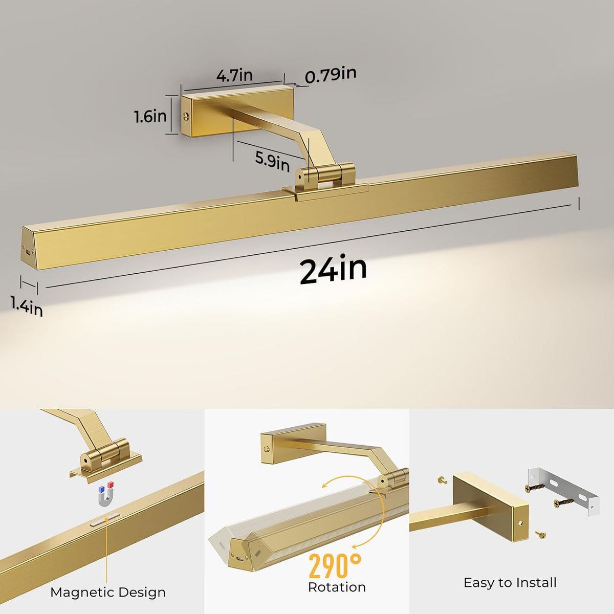 Picture Lights for Wall, Brushed Gold Battery Operated Picture Light 24in Art Light CCT Dimmable Recharging Battery