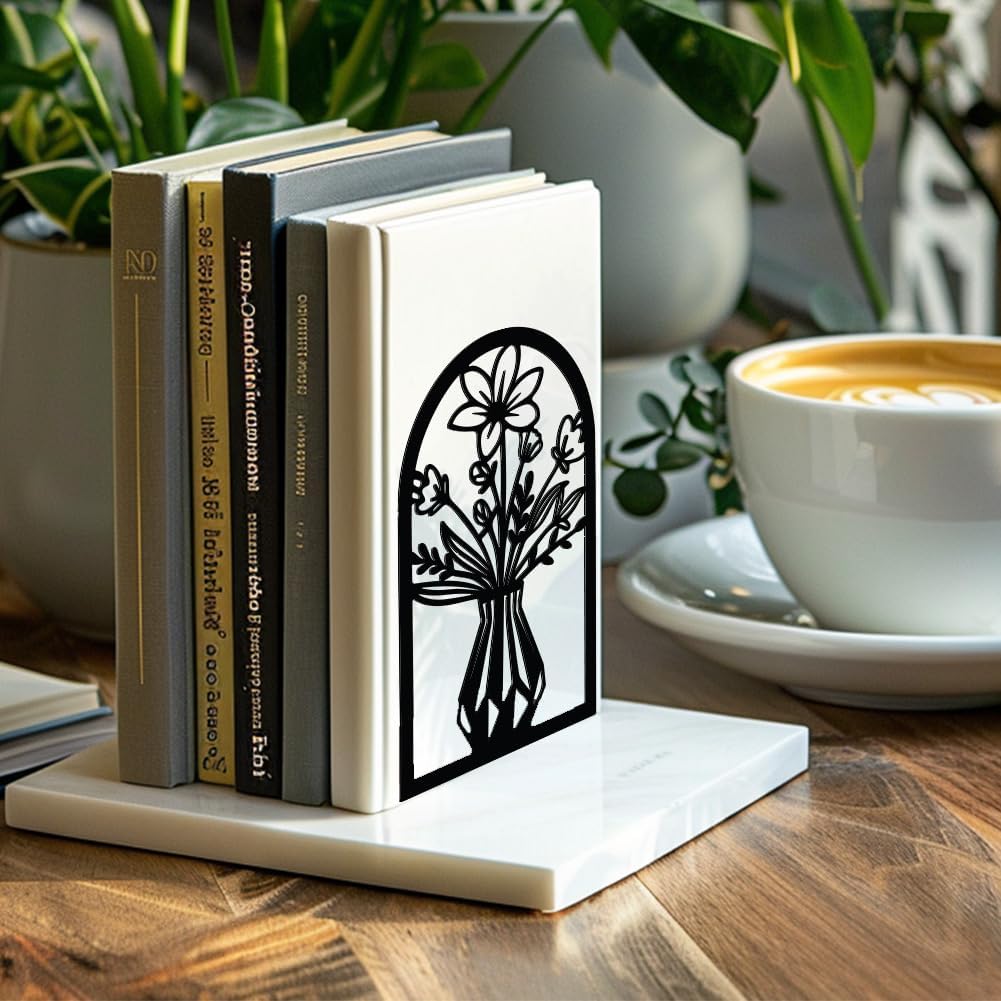 Metal Bookends / Modern Decorative Heavy Duty Study Book Support Stoppers / Vase with Flowers