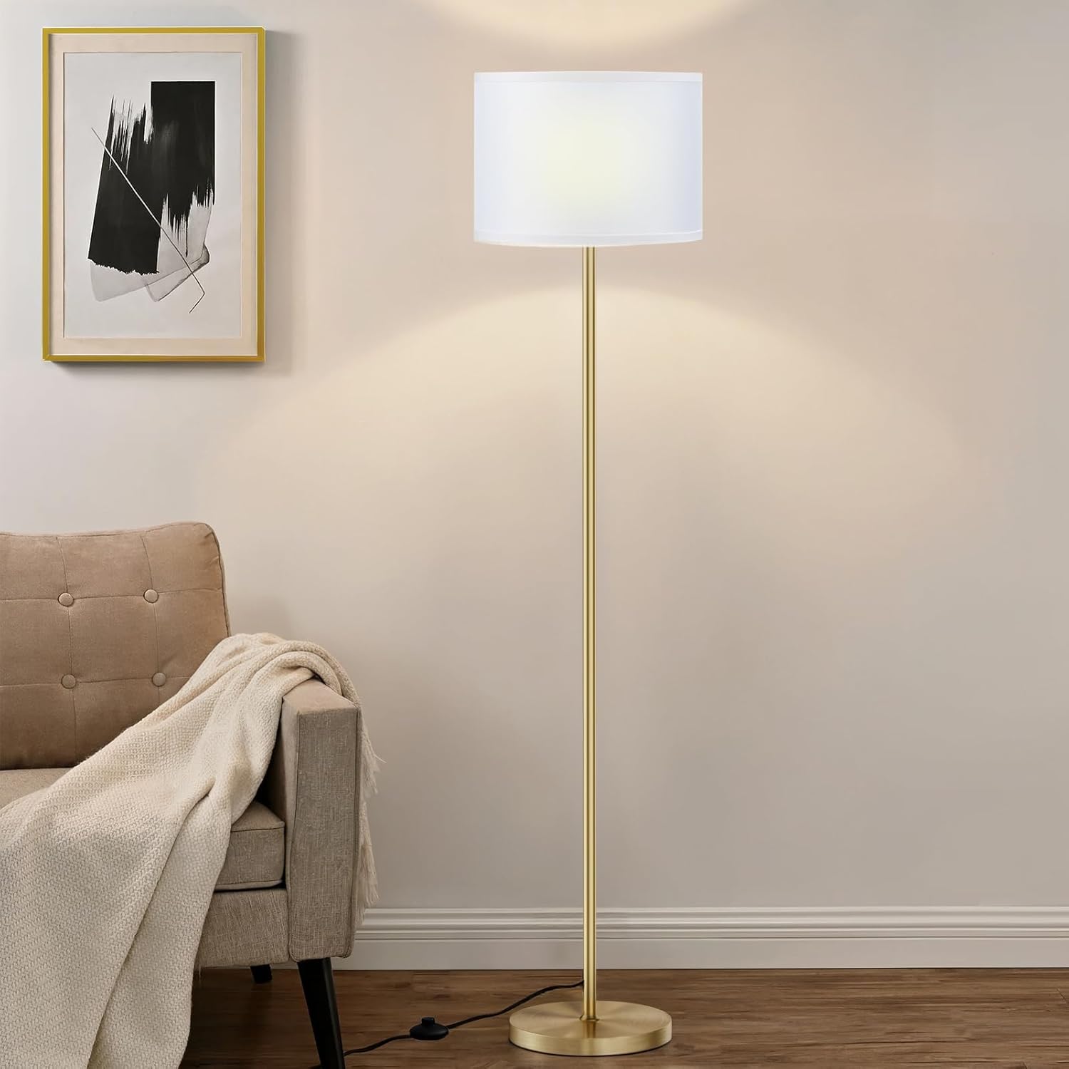 Ambimall 60'' Modern Floor Lamp with Shade, Tall Lamps for Living Room, Bedroom, Office, Dining Room, White Shade with