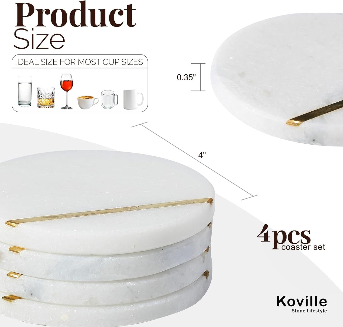 4" Stone Coaster for Drinks Coffee / White&gold / Set of 4