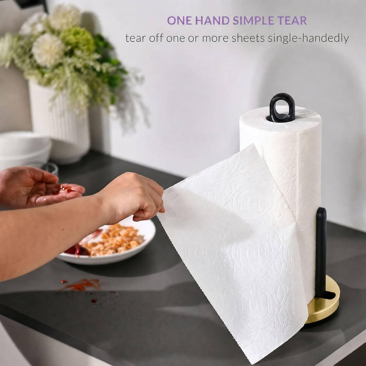 simpletome ONE Hand Tear Paper Towel Holder Countertop (Brushed Gold) | tension arm, tear one/more sheets at one time