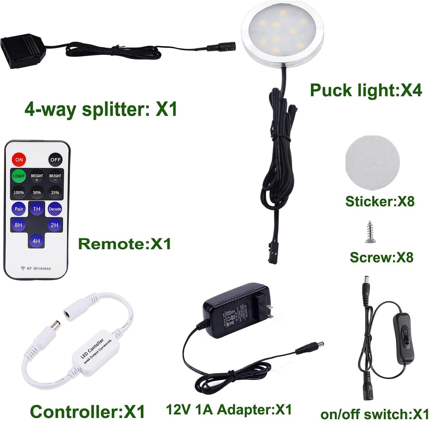 AIBOO LED Under Cabinet Lighting Kit 4 Packs of 12V Puck Lights with RF Dimmable Wireless RF Remote Control for Kitchen