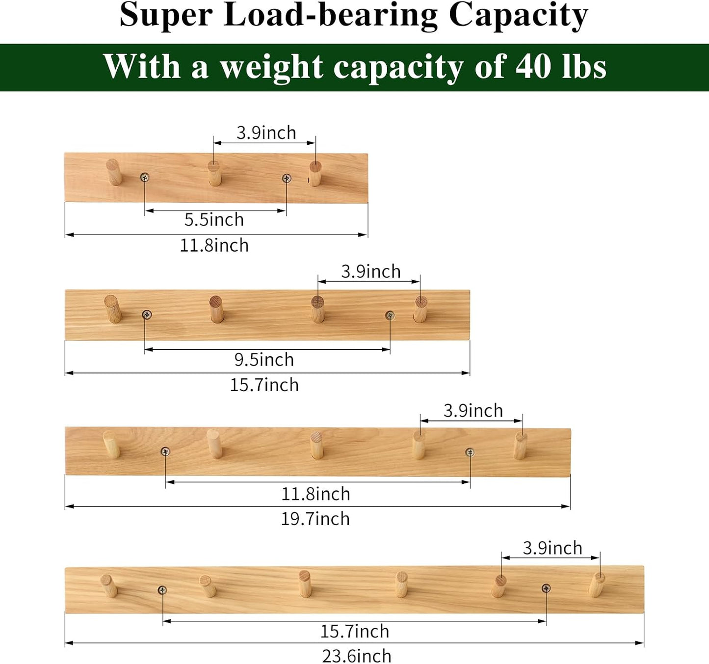 Hickory Wood Coat Rack Wall Mount 24 inches, Wooden Coat Hooks with 6 Hooks Coat Hanger for Hanging Hat Jacket Purse