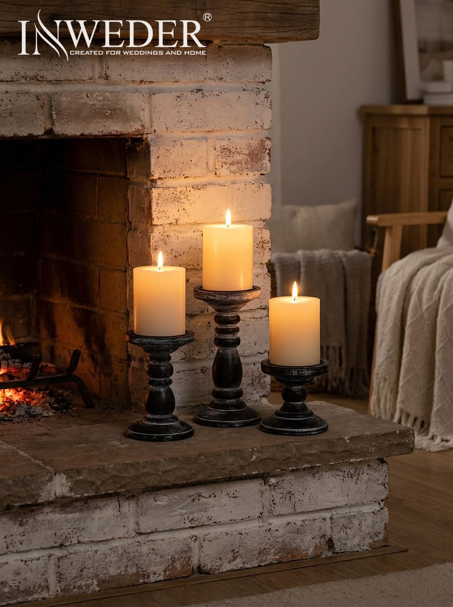 Wood Pillar Candle Holder: Rustic Distressed Black Candle Stand | Solid Pine Wooden Decor, for 3.15" Pillar, Farmhouse