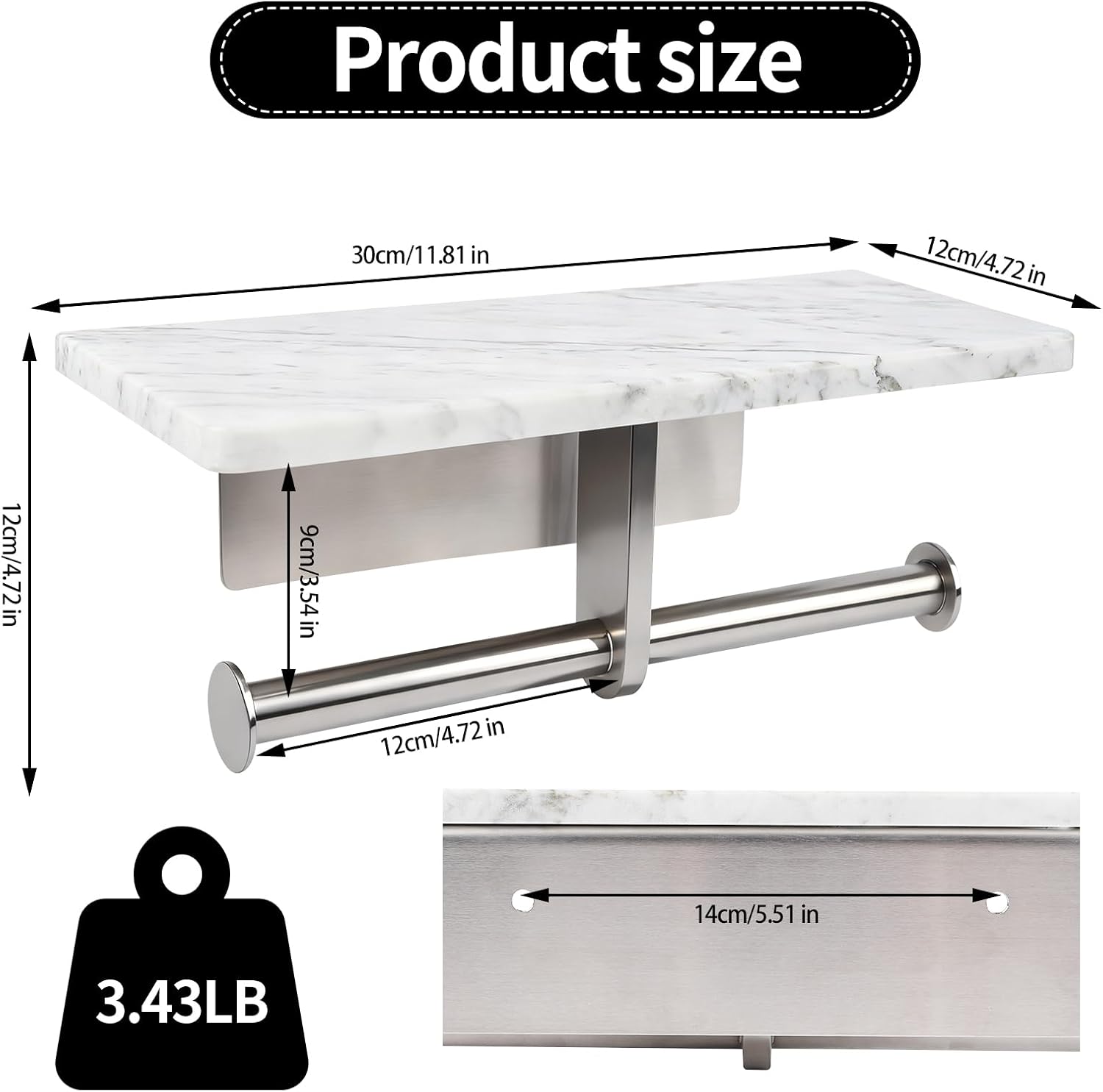 Toilet Paper Holder with Natural Marble Shelf for Bathroom Washroom,Wall Mounted Tissue Holder Suitable for Mega Roll