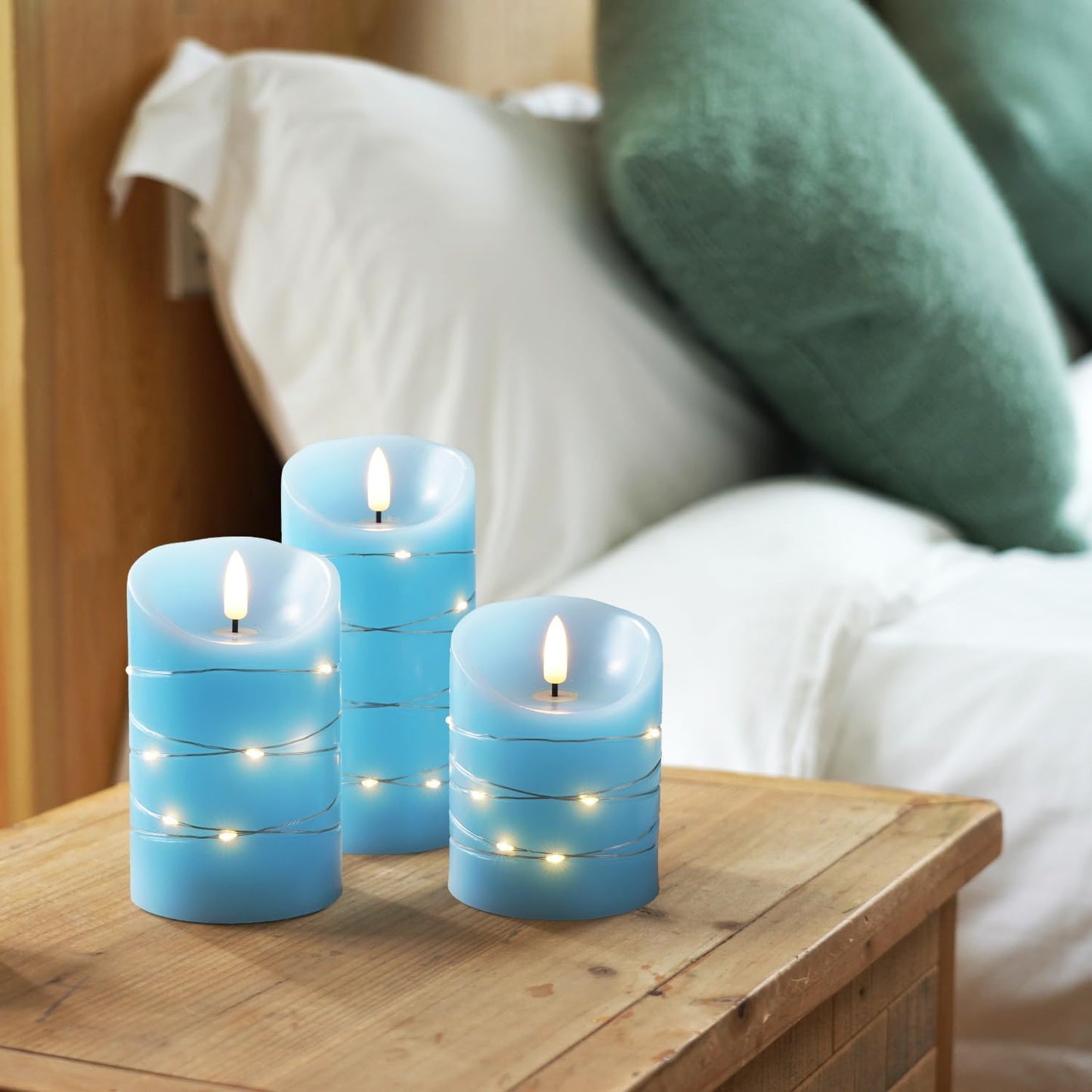 Homemory Flameless Candles with String Lights, 3 Pack Embedded Fairy String Lights LED Candles, Electric Flickering