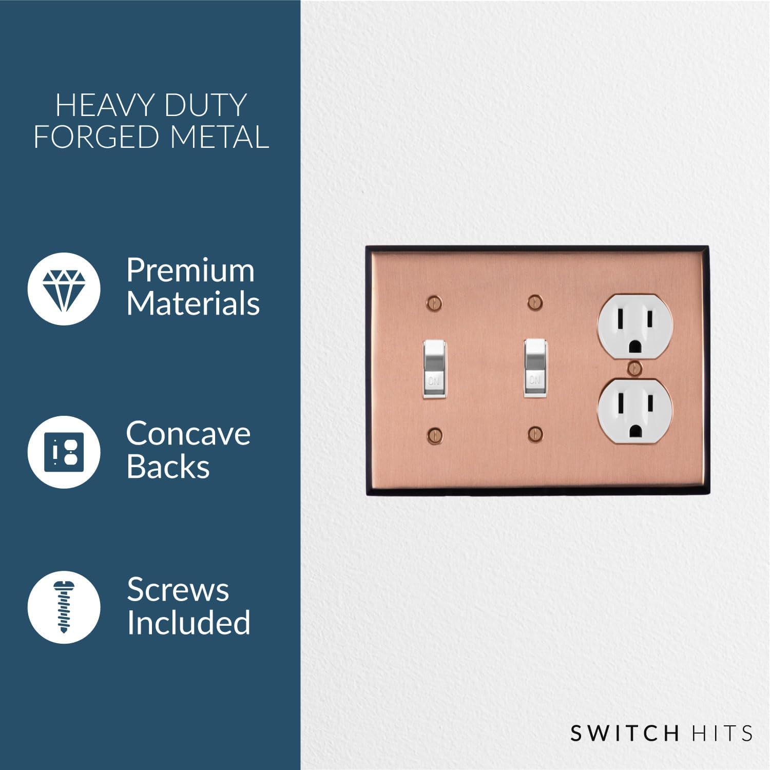 Pink Antique Copper Outlet Wall Plate | 2 Toggle - 1 Duplex | 6.25" x 4.5" | Hand-Polished Brass Construction