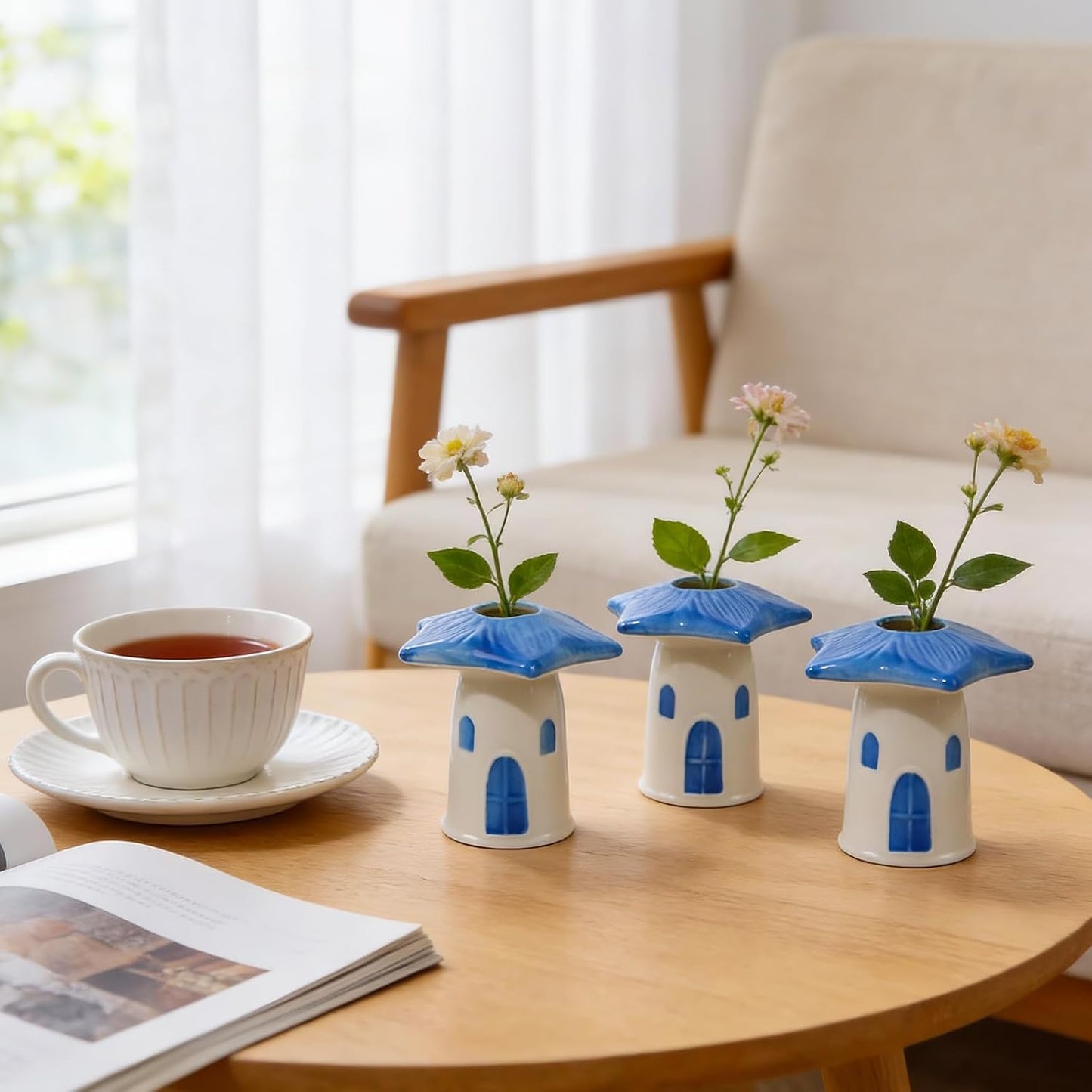 House Ceramic Bud Vase / Birdhouse Bud Vase / Blue / Set of 3