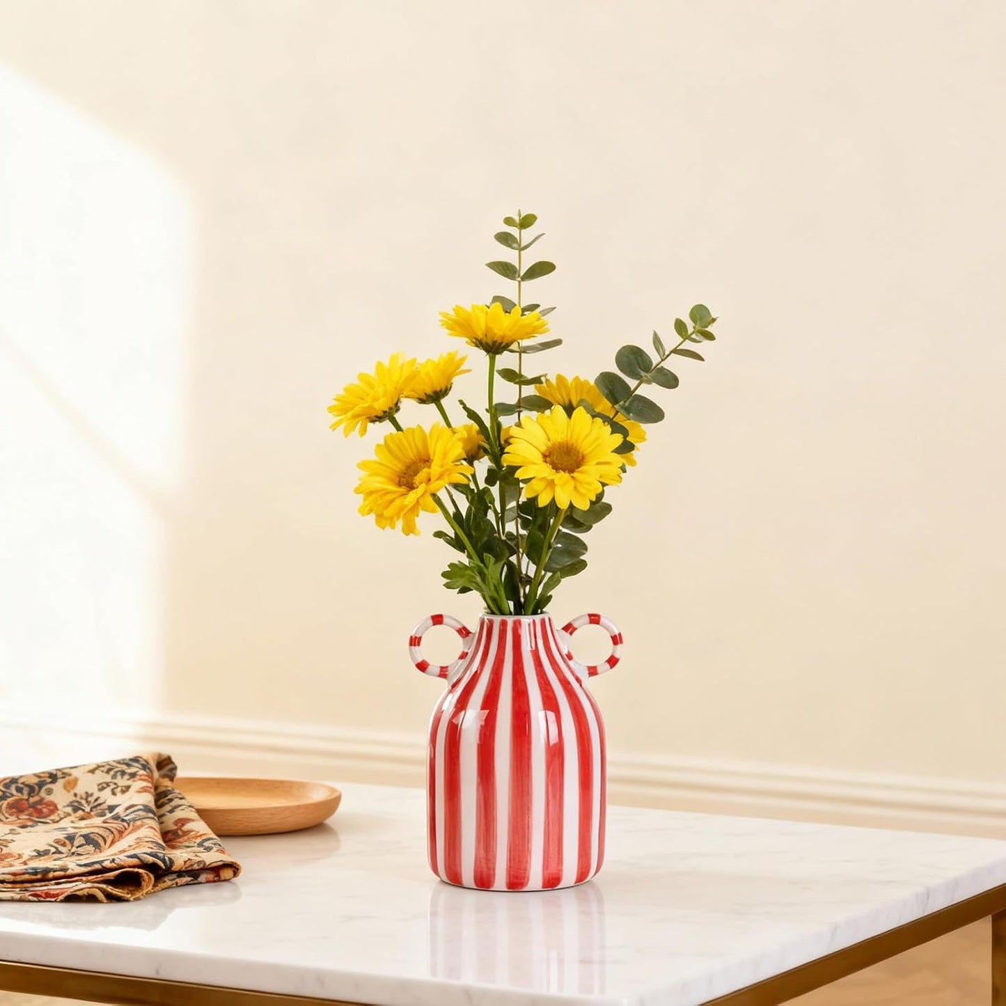 Ceramic Red and White Striped Vase / Red White