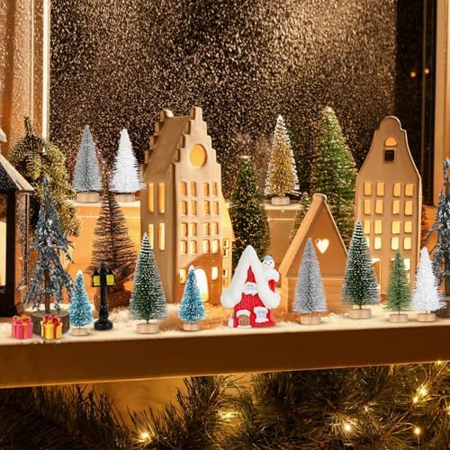 ONESING 31 Pcs Christmas Village Set With Bottle Brush Trees - Miniature Accessories for Home Indoor Winter Holiday Decorations