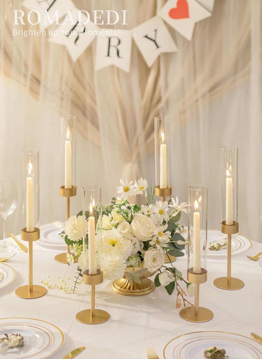 Romadedi Glass Hurricane Candle Holders for Candlestick, Gold, Set of 18 | Removable Borosilicate Clear Glass Cylinder