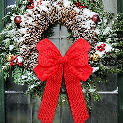 Xinnun 6 Pcs Christmas Burlap Bows Wreath Bows,Plain Style,Red