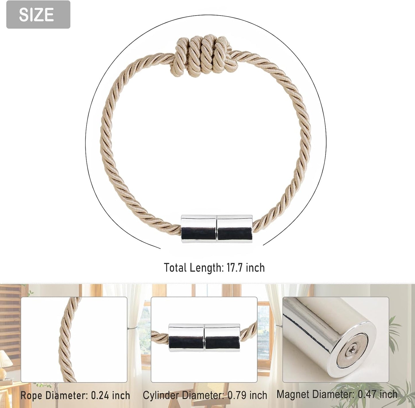 Curtain Tiebacks Magnetic Decorative Rope Tie Backs Holdbacks Contoeey | 8 Pack Beige Modern Elegant Window Treatment