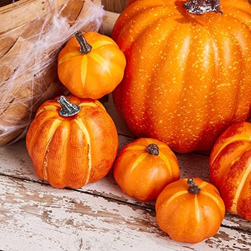 7Pcs Artificial Pumpkins of all Styles Halloween Decoration Rural Style Farmhouse Foam Pumpkin Harvest Season Thanksgiving Day is Suitable for Table top House Dining Table Party Decoration (Orange)