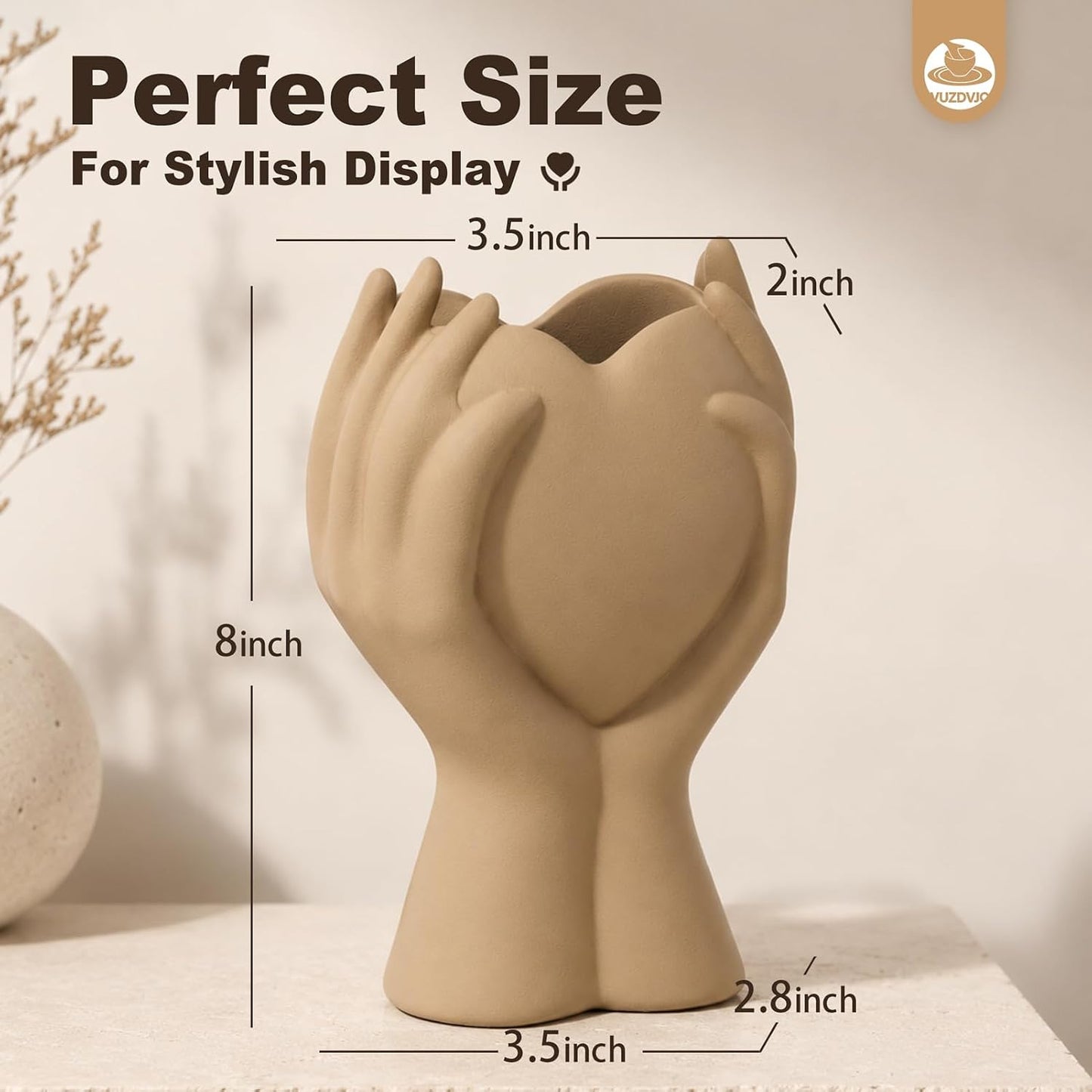 Heart Hand Ceramic Vase / Brown / 8 Inch