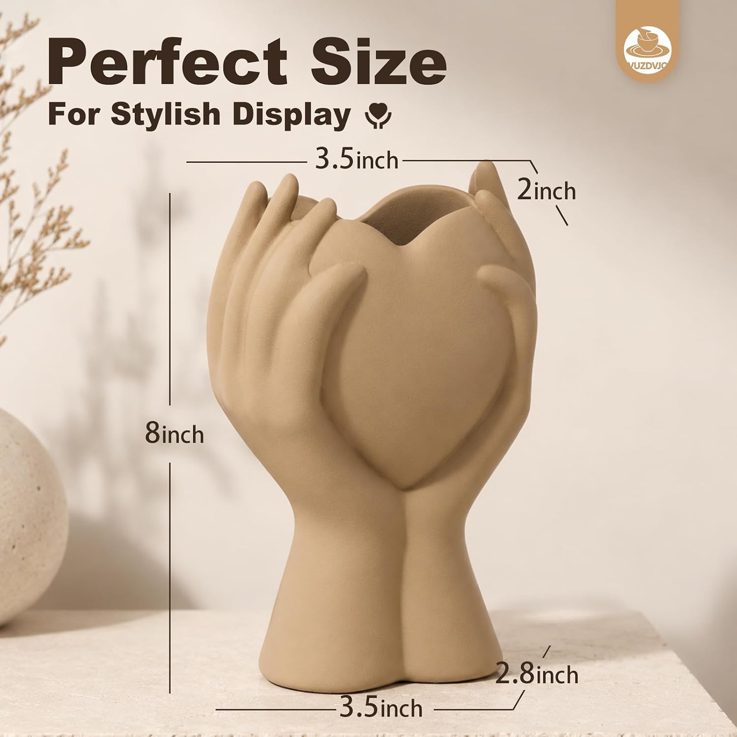 Heart Hand Ceramic Vase / Brown / 8 Inch