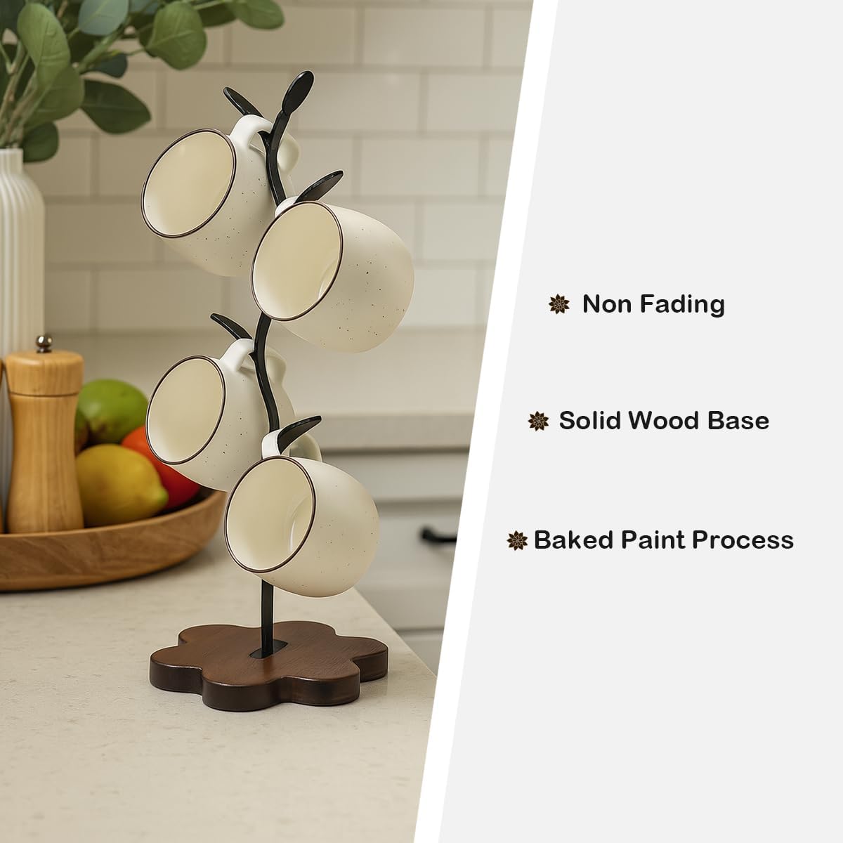 Mug Tree for Coffee Cups – Rustic Mug Holder Stand with 4 Hooks, Countertop Cup Rack for Coffee Bar & Kitchen