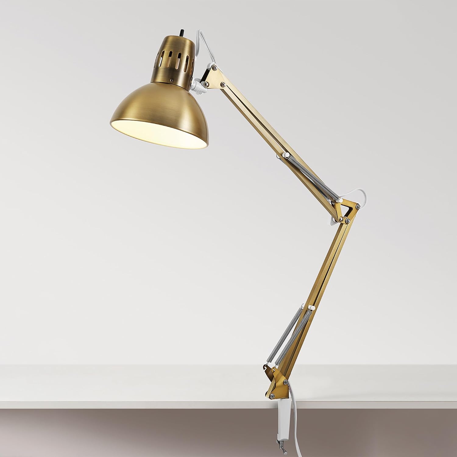 Globe Electric 62000010 32" Multi-Joint Desk Lamp with Metal Clamp, Matte Brass, White Accents, On/Off Rotary Switch on