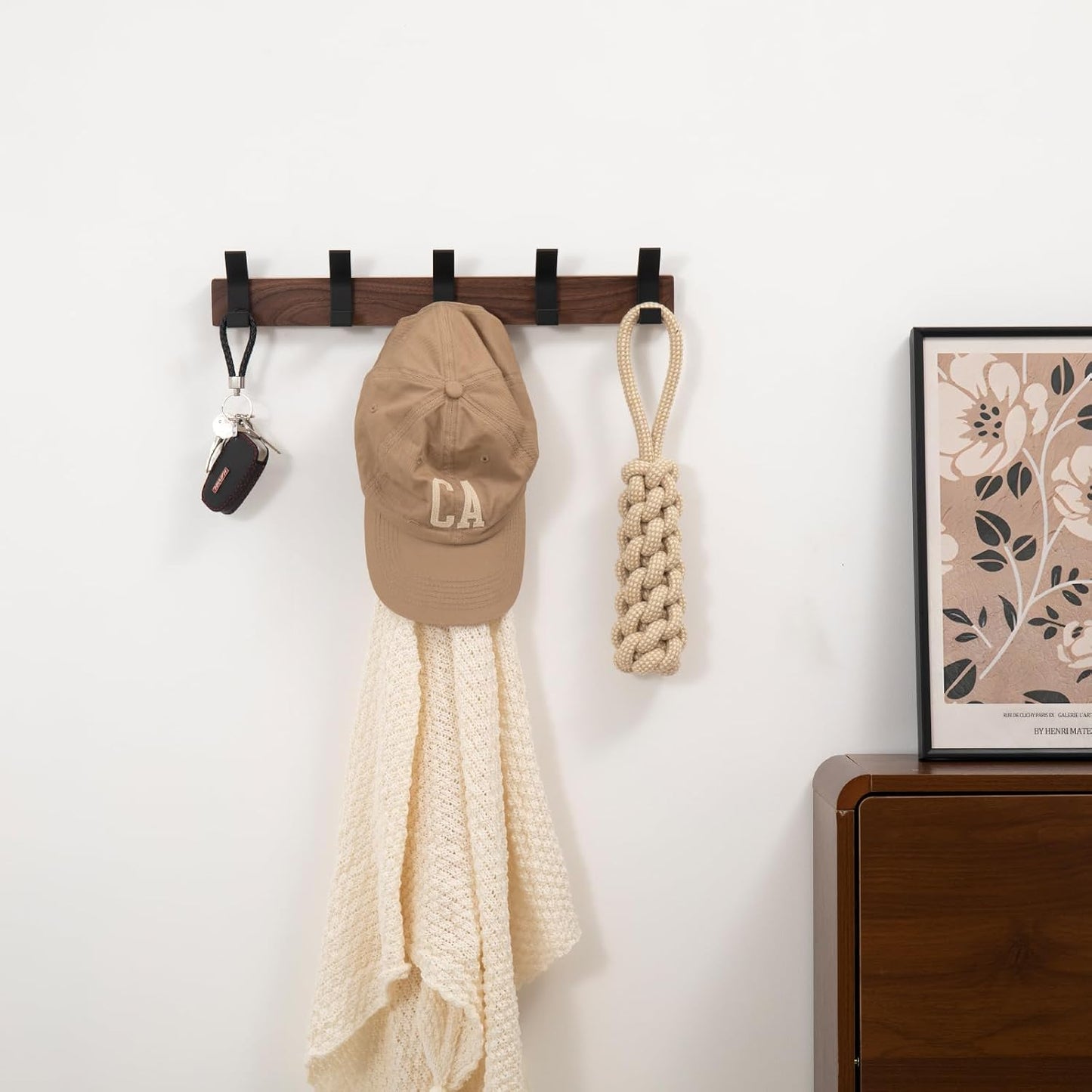 Coat Rack Wall Mount - 16.9 Inches Coat Rack Wall Mount with 5 Hooks Walnut Wood Coat Hooks Wall Mounted Rustproof Coat