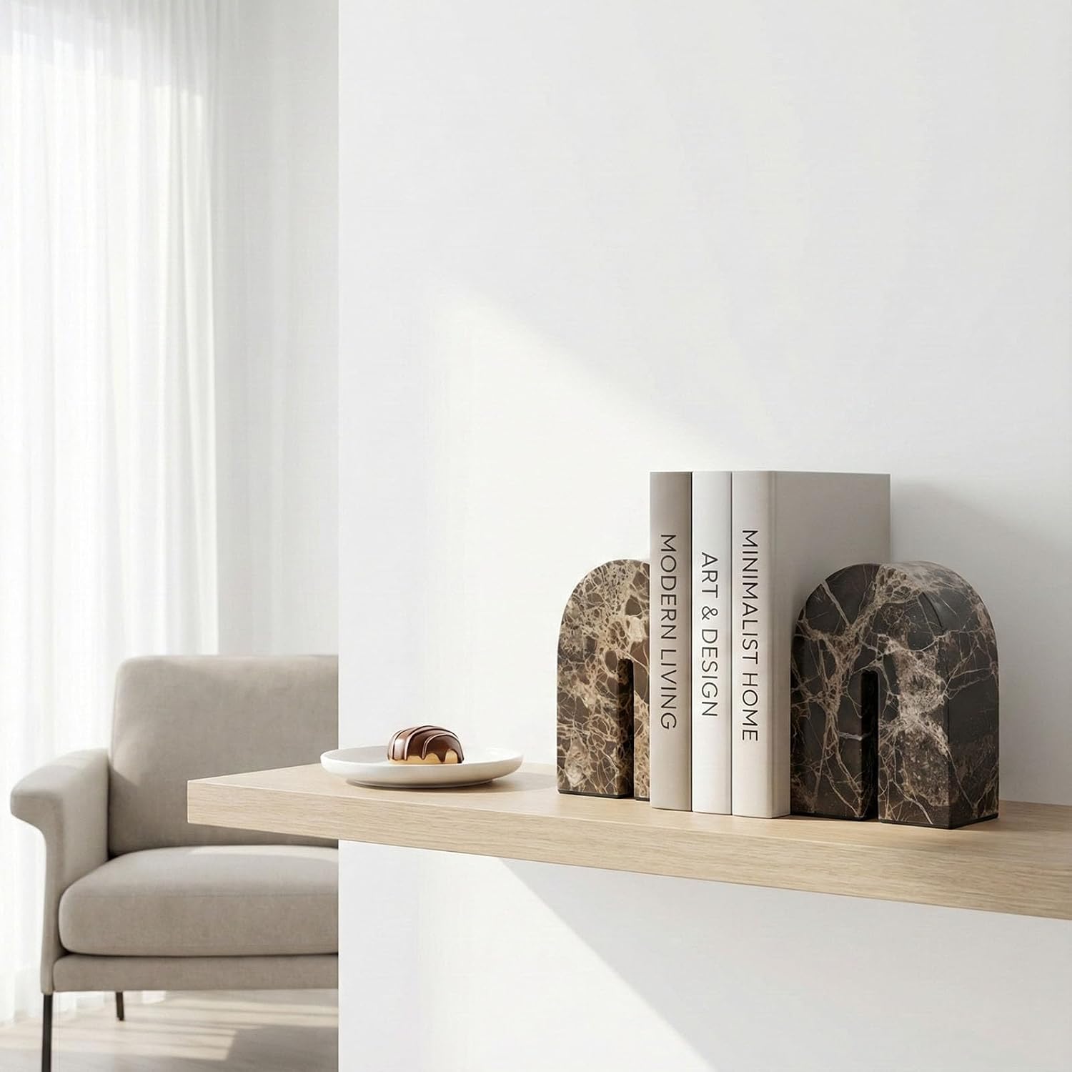 Marble Bookends / Unique Brown Arched Book Ends / Natural / Set of 2