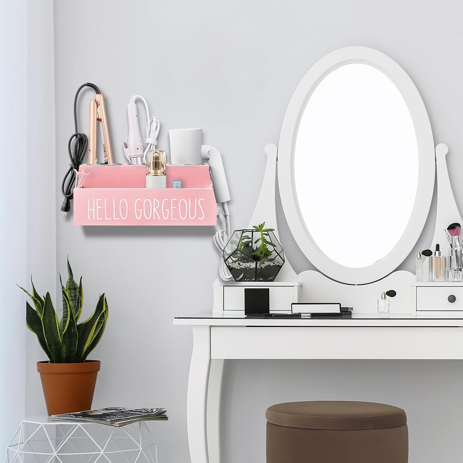 Bivvclaz Hair Tool Organizer, Wooden Hair Dryer Holder Countertop, Wall Mount Hot Tools Organizer for Hair Styling