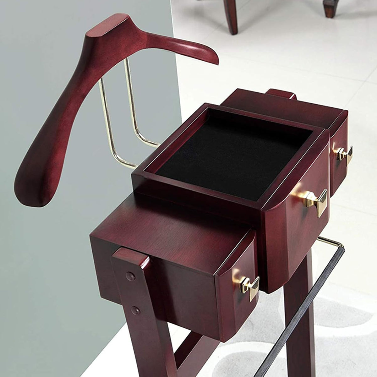 Wood Men Suit Valet Stand, with Belt Hooks Shoe Rack Multi-functional Coat Rack with Drawer Base Standing Clothes